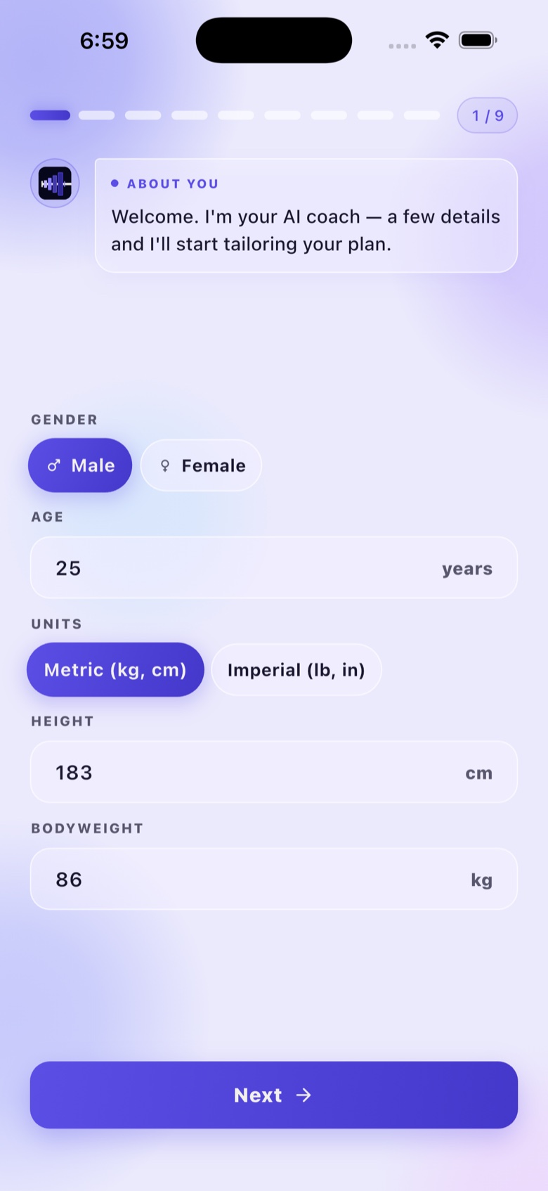 Darebni AI onboarding, step 1 of 9: the coach asks for gender, age, units, height and bodyweight before building a plan.